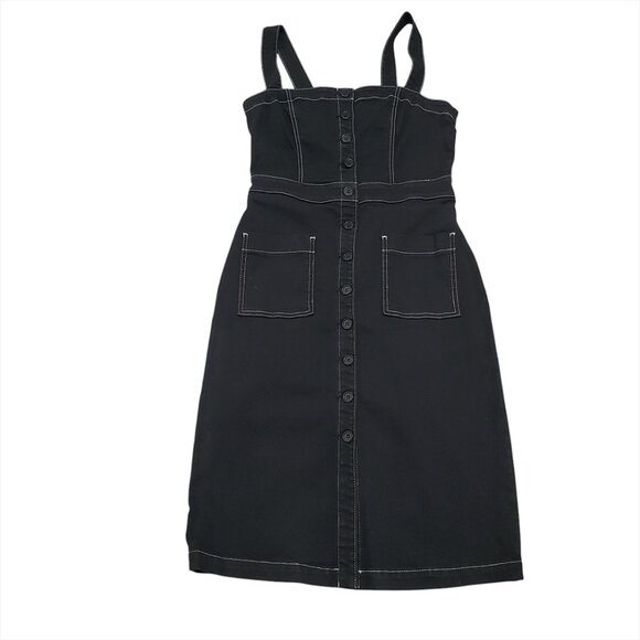 Reformation Roxanna Denim Dress 6 Black Button Down Straps Pockets - Picture 5 of 14